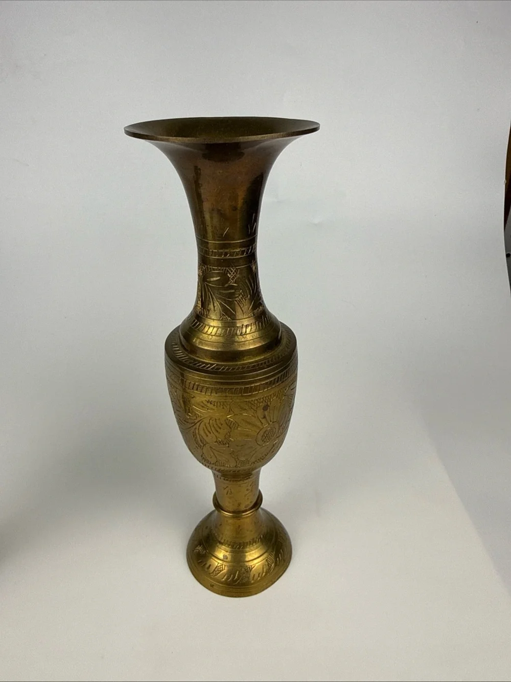 Vtg MCM Solid Brass India Bud Vases Etched Floral Engraved Design 10 Inches